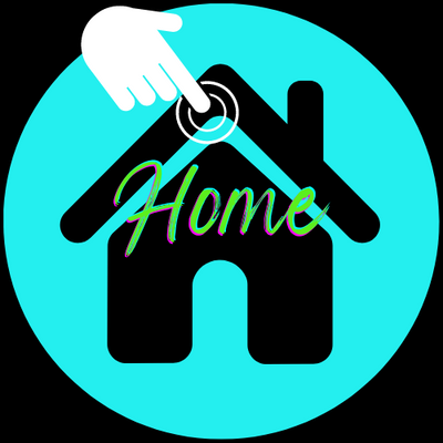 Neon blue circle around the house icon with click here icon on top