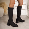 Winter Block-toe Figure-flattering Chunky-heel Stretch Boots