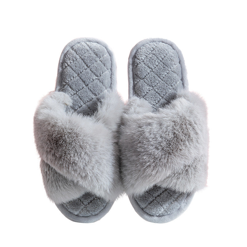 Furry Warm House Slippers - Cross-strap