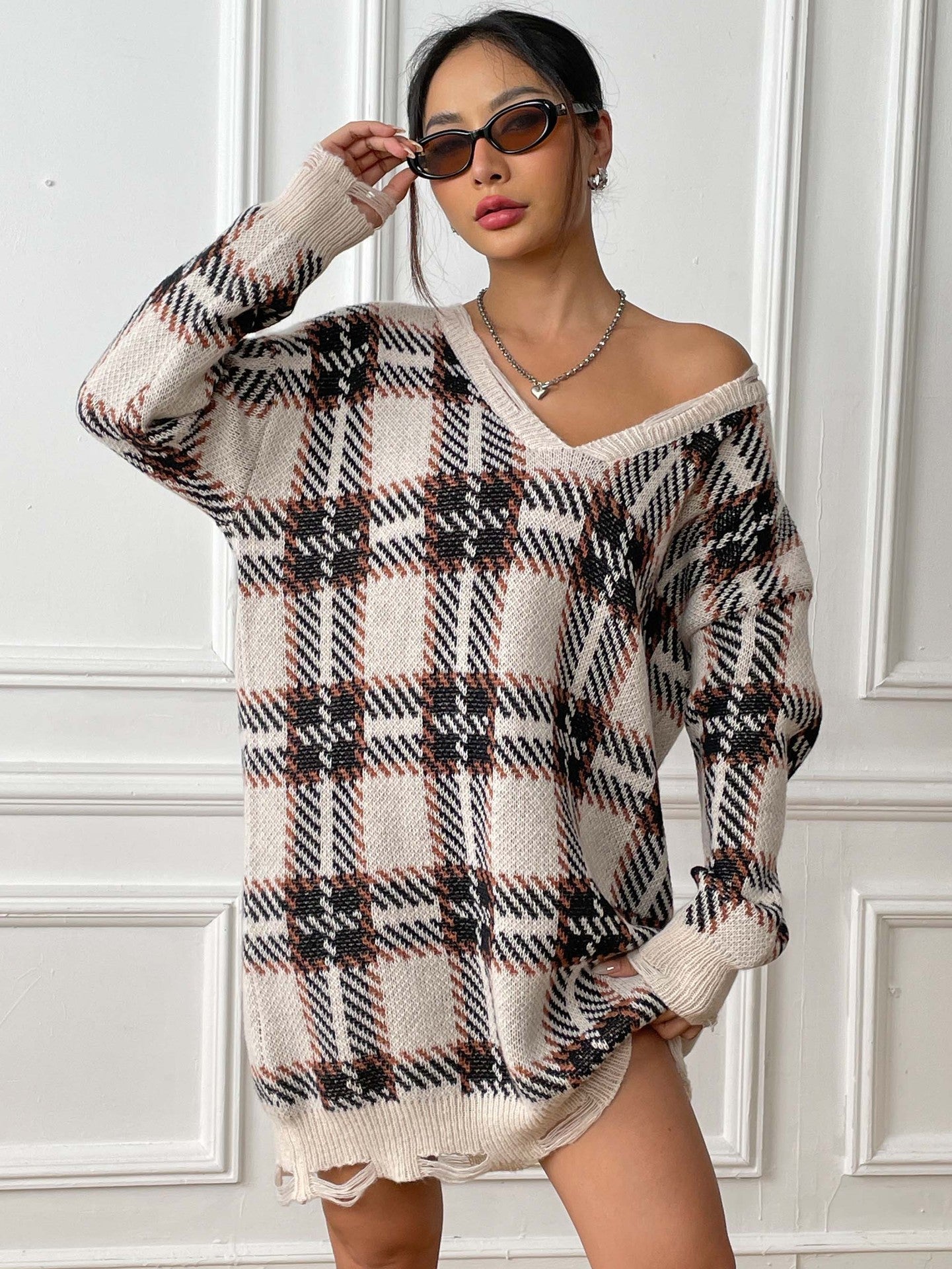 Loose Long-sleeved Plaid Dress