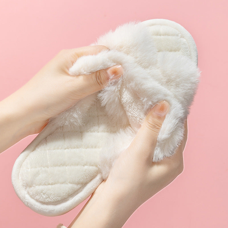Furry Warm House Slippers - Cross-strap