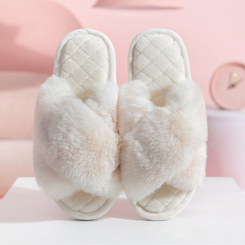 Furry Warm House Slippers - Cross-strap