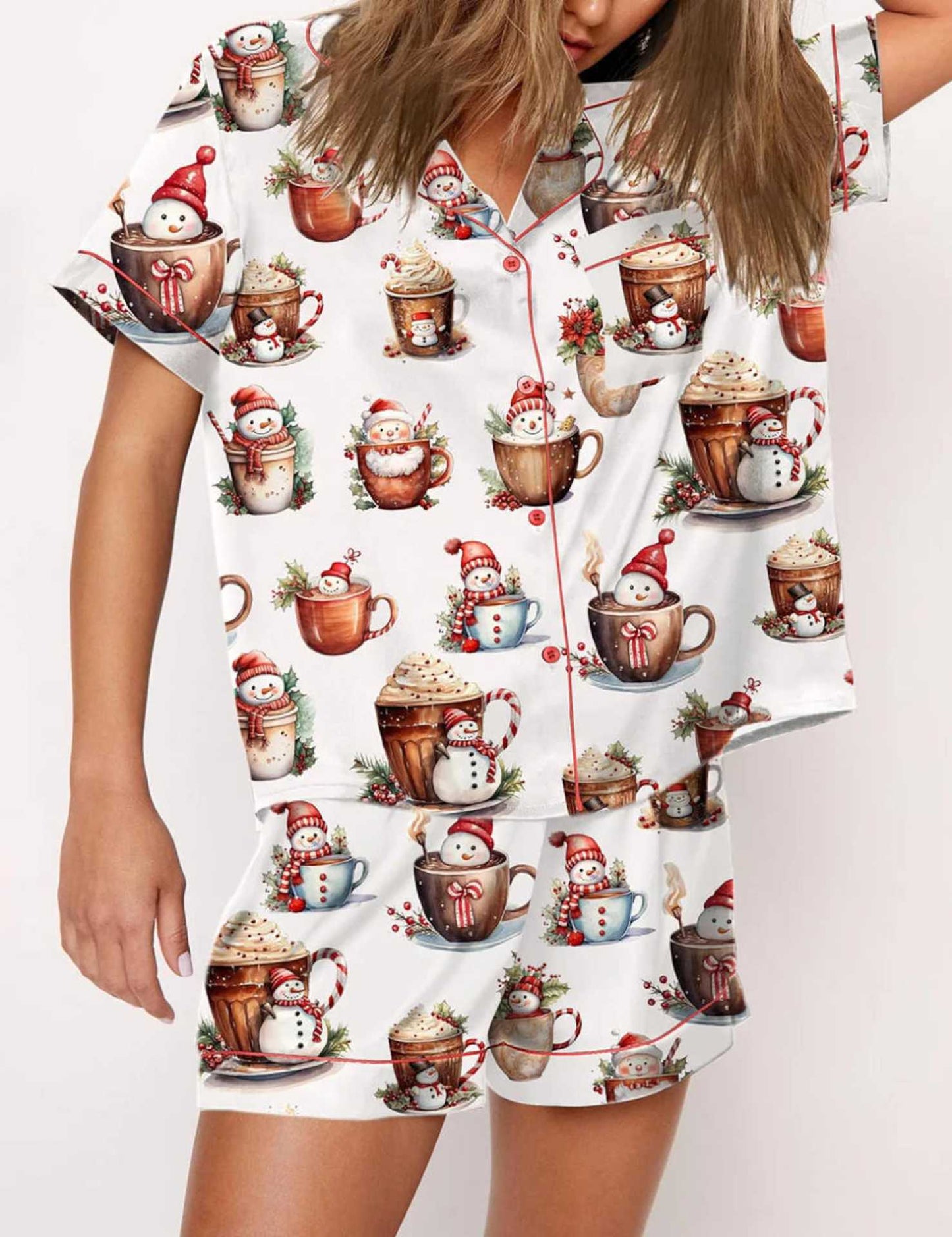 Autumn Christmas Digital Printing Lapel Short Casual Women's Home Pajamas Set