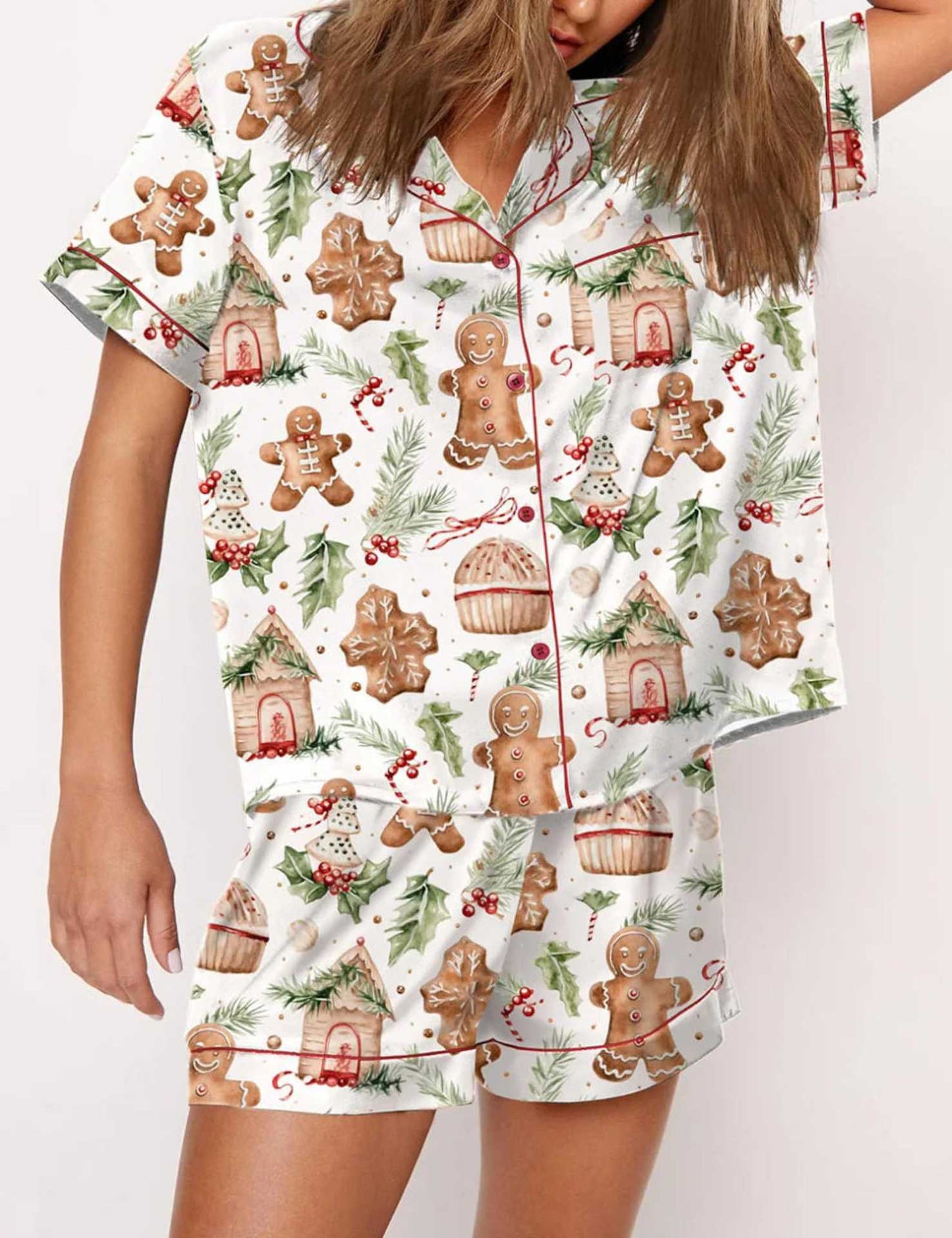 Autumn Christmas Digital Printing Lapel Short Casual Women's Home Pajamas Set