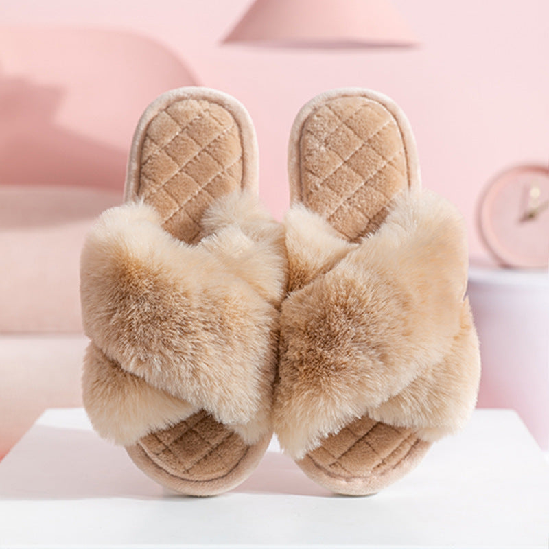 Furry Warm House Slippers - Cross-strap