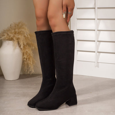 Winter Block-toe Figure-flattering Chunky-heel Stretch Boots