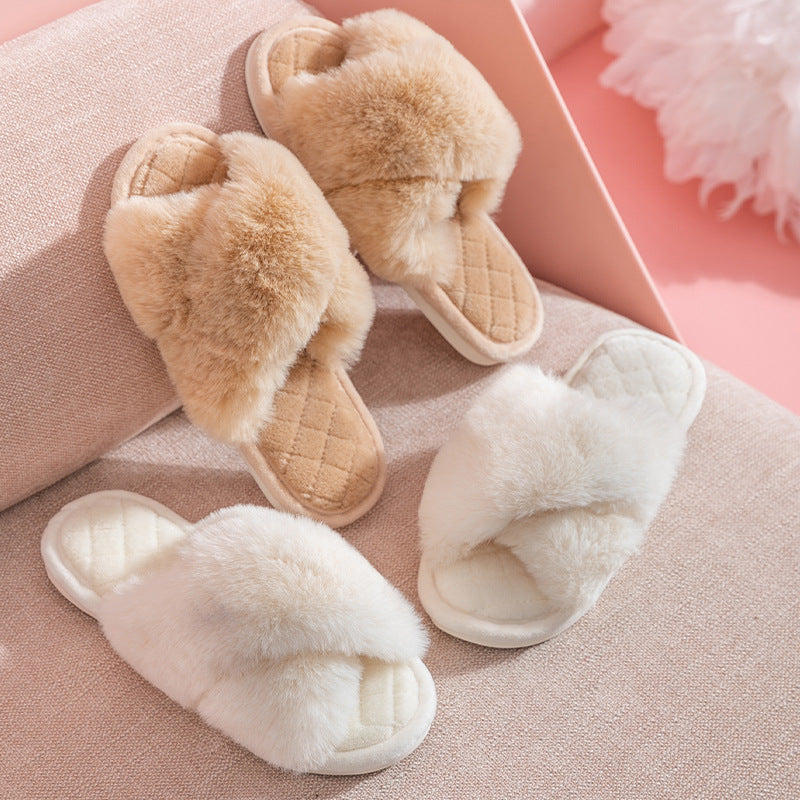 Furry Warm House Slippers - Cross-strap