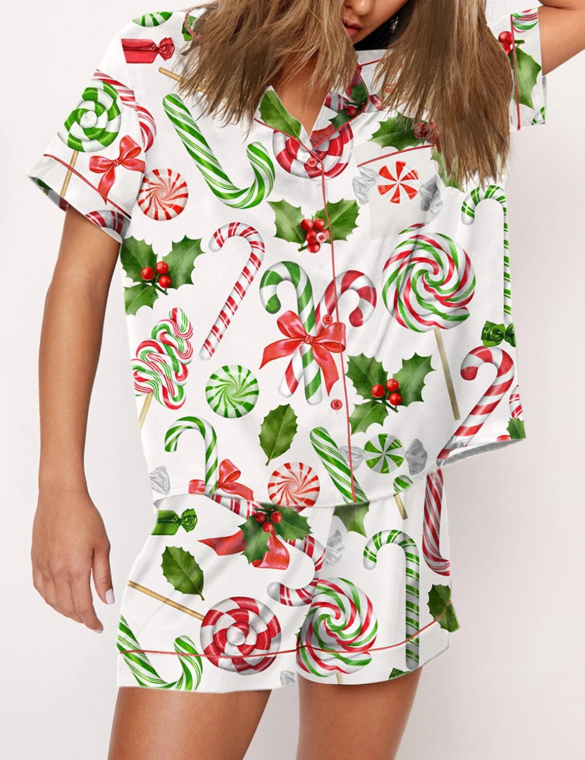 Autumn Christmas Digital Printing Lapel Short Casual Women's Home Pajamas Set