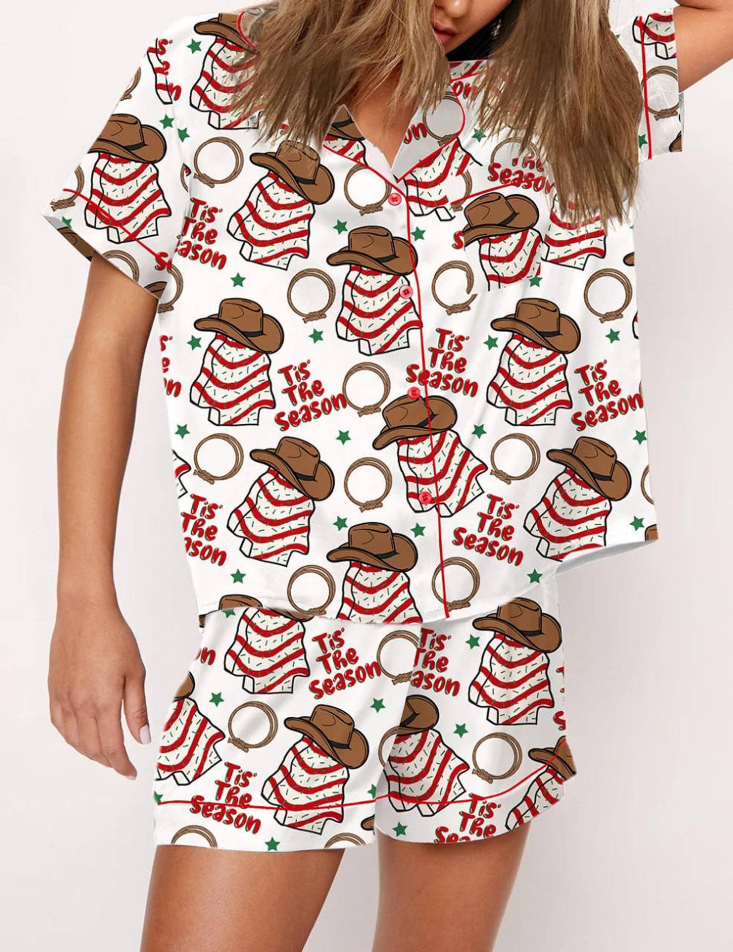 Autumn Christmas Digital Printing Lapel Short Casual Women's Home Pajamas Set