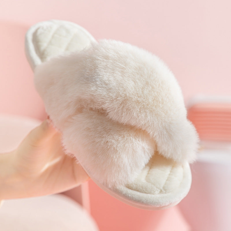 Furry Warm House Slippers - Cross-strap